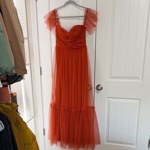 Orange Tulle Maxi Dress with Ruffled Straps
